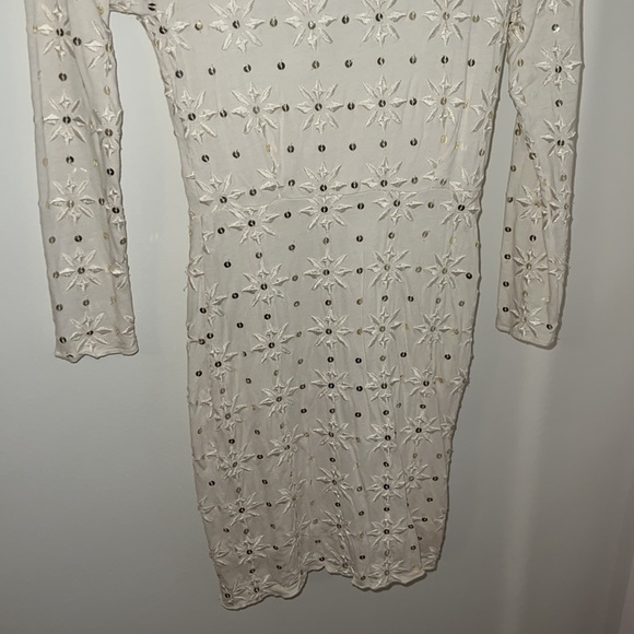 Free People Ivory Bodycon Dress Embroidered Flower Gold Sequins Long Sleeve - Picture 6 of 7